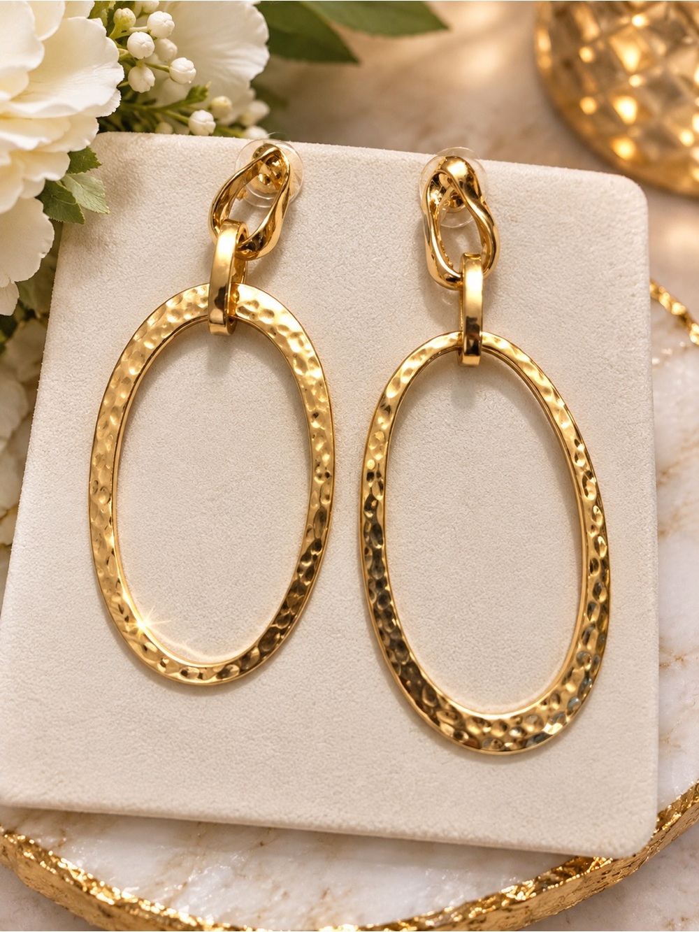 Gold Hammered Oval Drop Earrings